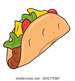 Colored hand drawn tacos symbol vector illustration isolated in a white background, Mexican fast food icon