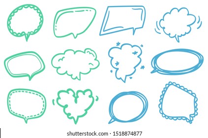 Colored hand drawn think and talk speech bubbles. Line art. Colorful illustration. Doodles for business