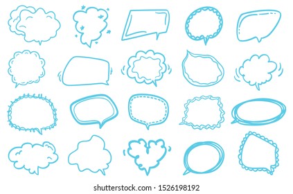 Colored hand drawn think and talk speech bubbles. Colorful illustration. Doodles for business