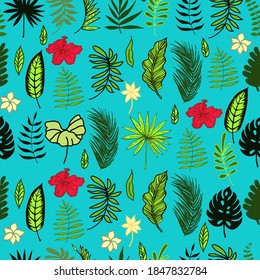 Colored hand drawn tropical pattern. Hand drawn sketches of leaves of tropical trees. Vector illustration. Suitable for decorating various surfaces.  