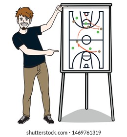 colored hand drawn vector illustration of a trainer pointing with both hands on a flipchart on which a game board can be seen.