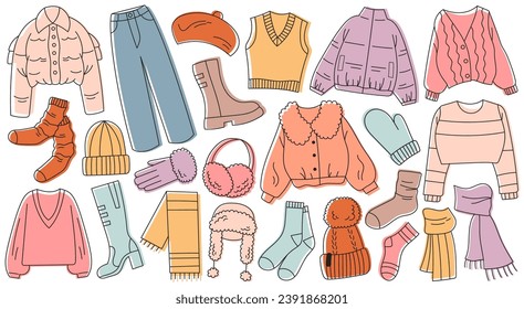 Colored hand drawn warm winter clothes, outwear and accessories doodle design set vector illustration. Female garment apparel for cold weather collection, stylish trendy fashion outfit design elements