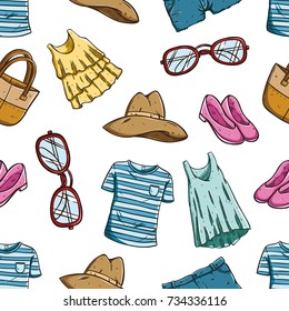 colored hand drawn woman clothing and accessory in seamless pattern