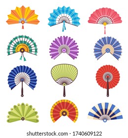 Colored hand fan. Asian beautiful paper traditional craft fashionable symbols vector collection