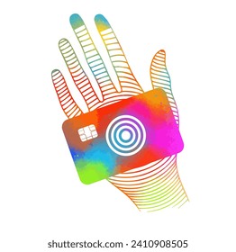 Colored hand holding a credit card. Bank card in hand. hand drawing. Not AI, Vector illustration