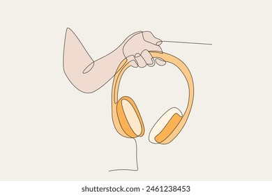 Colored hand holding headphones.World music day one-line drawing