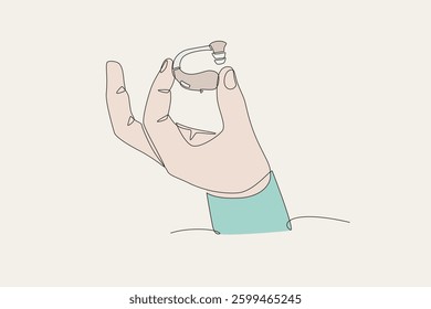 Colored hand holding hearing aid. Hearing aids concept one-line drawing