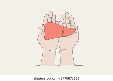 Colored hand holding heart. Organ donation day concept one-line drawing