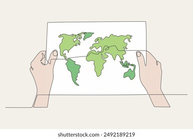 Colored hand holding world map. World map concept one-line drawing