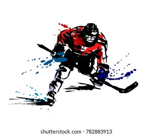 Colored hand ink sketch a hockey player. Vector illustration