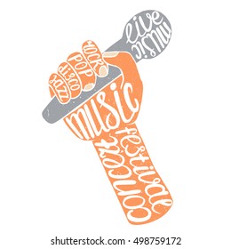 Colored Hand singer holding the microphone, with the text. Vector illustration isolated on white