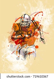 Colored hand sketch of american football player on a grunge background. Vector illustration