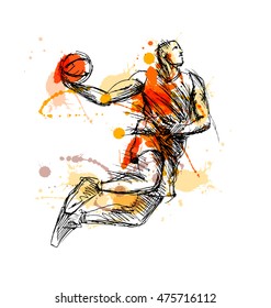 Colored hand sketch basketball player. Vector illustration