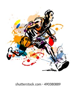 Colored hand sketch basketball player. Vector illustration