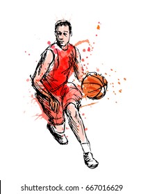 Colored hand Sketch Basketball Player. Vector illustration