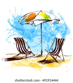 Colored hand sketch with beach chairs and parasols. Vector illustration