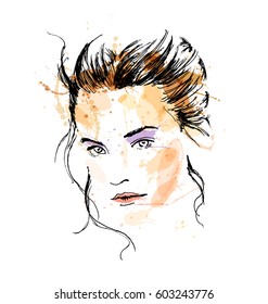 Colored hand sketch beautiful woman face. Vector illustration