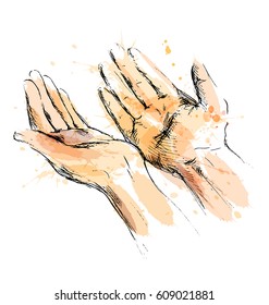 Colored Hand Sketch Begging Hands. Vector Illustration