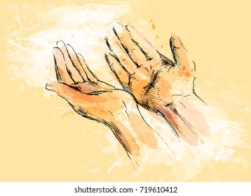 Colored Hand Sketch Begging Hands On A Grunge Background. Vector Illustration