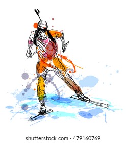 Colored hand sketch biathletes. Vector illustration