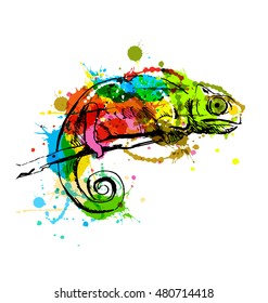 Colored hand sketch chameleon. Vector illustration