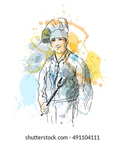 Colored hand sketch chef. Vector illustration