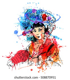 Colored hand sketch of Chinese actor. Vector illustration
