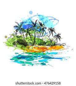 Colored hand sketch coast with palm trees. Vector illustration