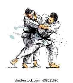 Colored hand sketch competing judo. Vector illustration