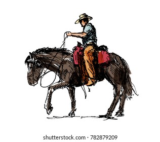 Colored hand sketch a cowboy on a horse. Vector illustration