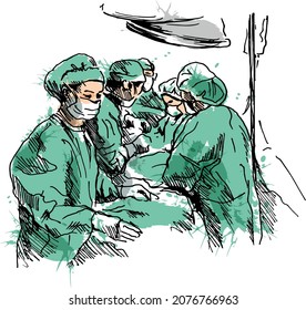 Colored hand sketch of doctors in operating room. Vector illustration.