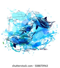 Colored hand sketch of dolphins. Vector illustration