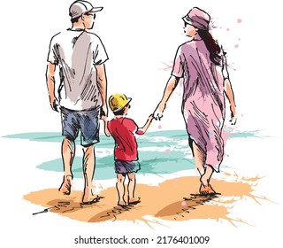 Colored hand sketch of a family on a walk. Vector illustration.