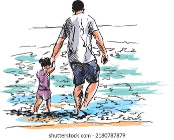 Colored hand sketch of father with daughter on the beach Vector illustration.