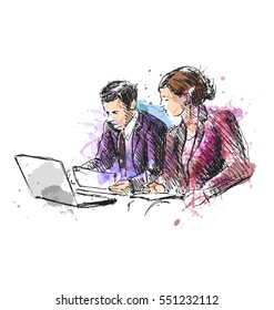 Colored hand sketch female and male workers. Vector illustration