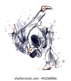 Colored hand sketch fighting judo. Vector illustration