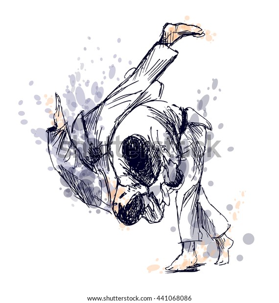 Dibujo a mano coloreado luchando con judo. Ilustración del vector