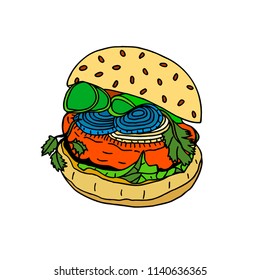 Colored hand sketch hamburger Isolated on white