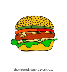 Colored hand sketch hamburger Isolated on white