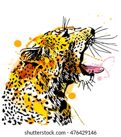 Colored hand sketch of the head of a roaring leopard. Vector illustration