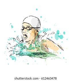 Colored hand sketch head swimmer. Vector illustration