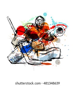 Colored hand sketch hockey goalie. Vector illustration