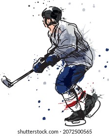 Colored hand sketch of hockey player. Vector illustration.