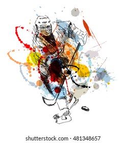 Colored hand sketch hockey player. Vector illustration