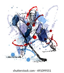 Colored hand sketch hockey player. Vector illustration 