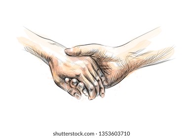 Colored hand sketch holding hands from a splash of watercolor. Vector illustration of paints