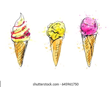 Colored Hand Sketch Ice Cream in Cone. Vector illustration