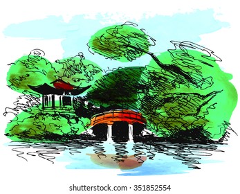 Colored hand sketch Japanese garden.