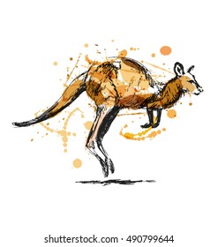 Colored hand sketch leaping kangaroo. Vector illustration