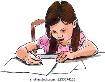 Colored hand sketch of a little schoolgirl. Vector illustration.